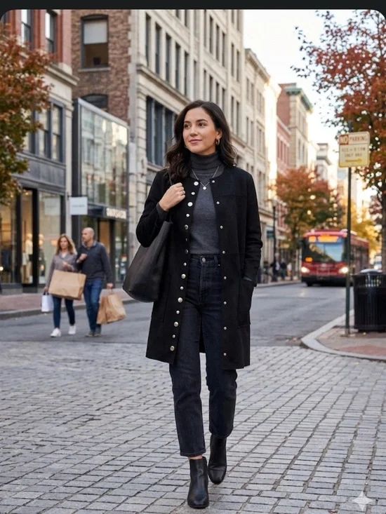 Zara Black Snap-Button Long Coat - Picture 2 of 4